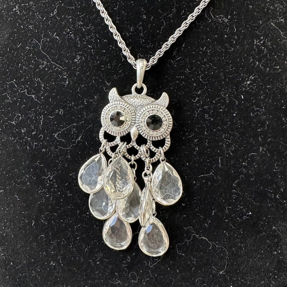 Vintage VCLM Silver Tone and Crystal Owl Adjustable Necklace